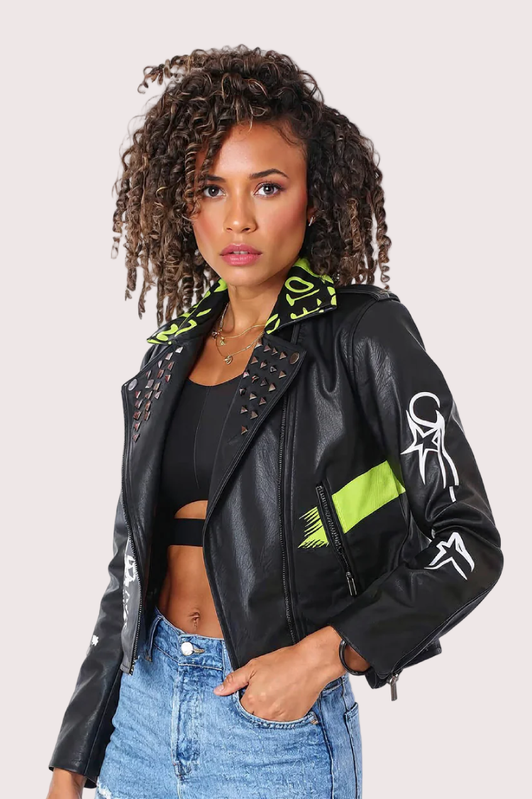 Black and lime vegan leather moto jacket featuring bold graphic detailing and edgy punk-inspired design, front view, For Her NYC