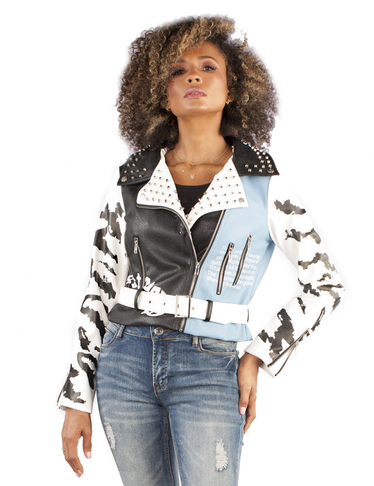 Studded Faux Leather Moto Jacket with Graphic Prints- 81673