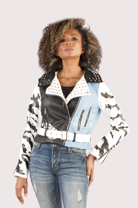 Studded Faux Leather Moto Jacket with Graphic Prints- 81673