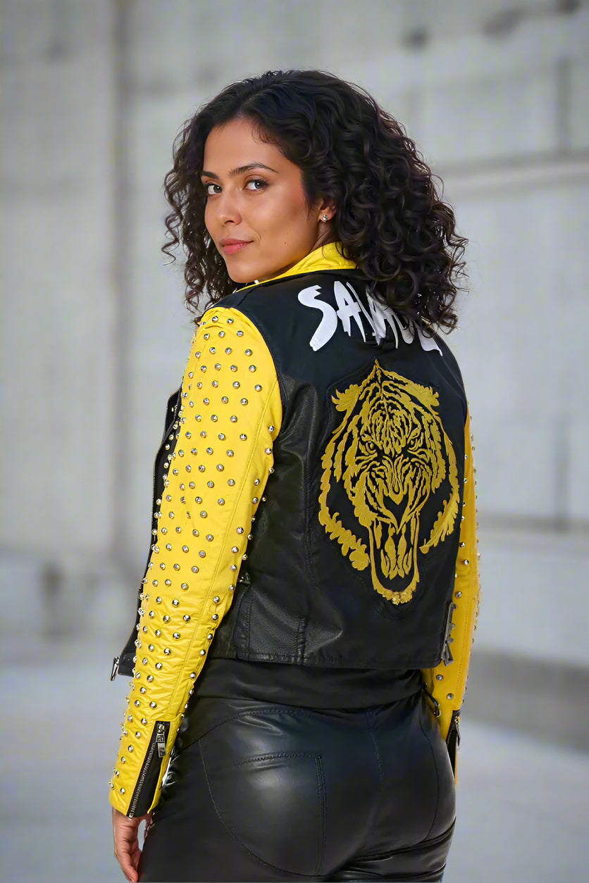 ForHerNYC Women's Studded Faux Leather Motorcycle Jacket – Multi