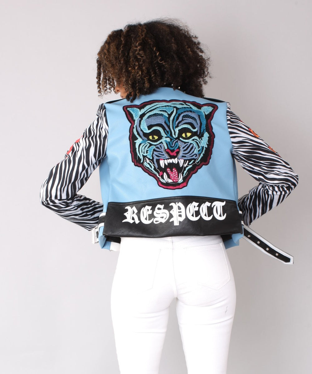 Vegan Leather Zebra-Print Moto Jacket with Embroidered Tiger- 81762