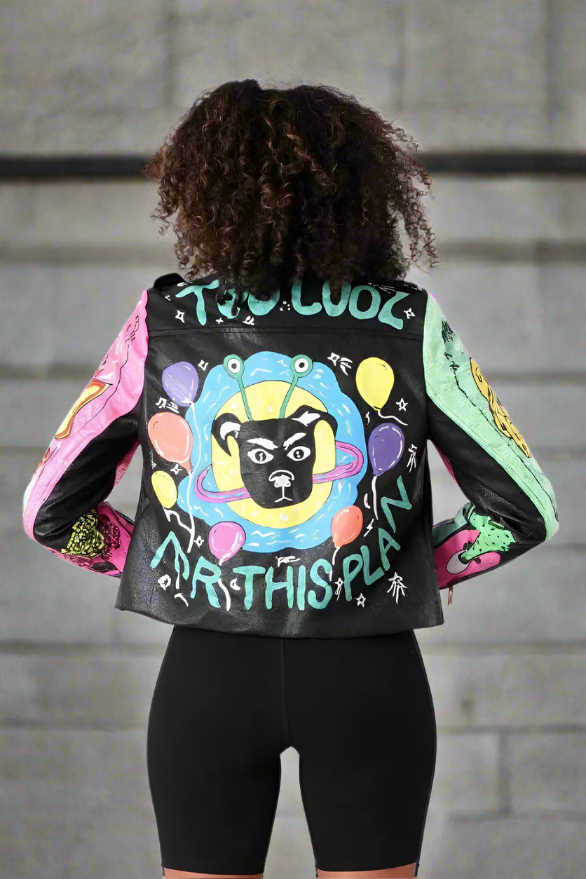 Back view of the Vibrant Studded Leather Jacket black multi featuring graphic art and vibrant studded designs — For Her NYC.