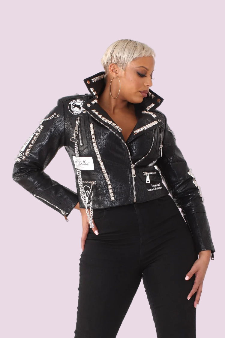 Black studded leather moto jacket featuring eye-catching graphic prints and stud detailing, front view, For Her NYC
