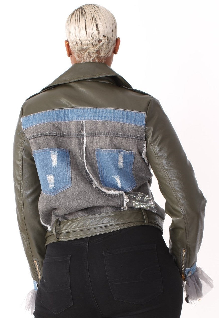 Leather Jacket with Denim Patchwork & Tulle Cuffs -81827