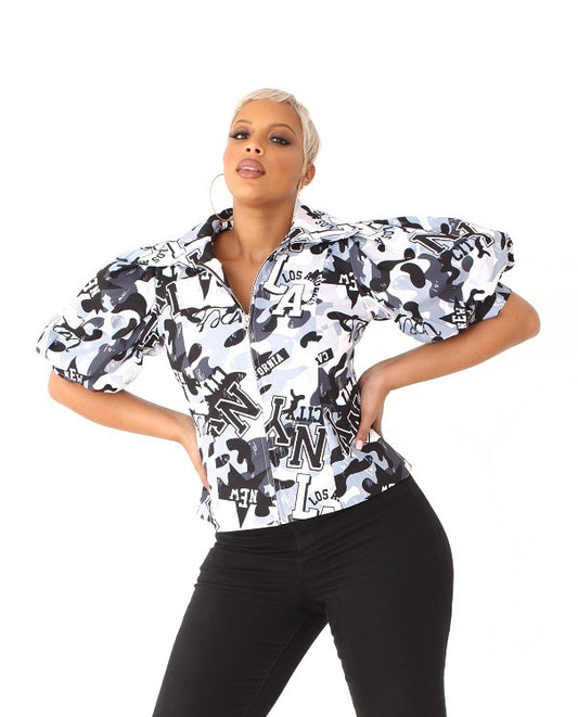 Print Puff Sleeve Blouse- 81839
