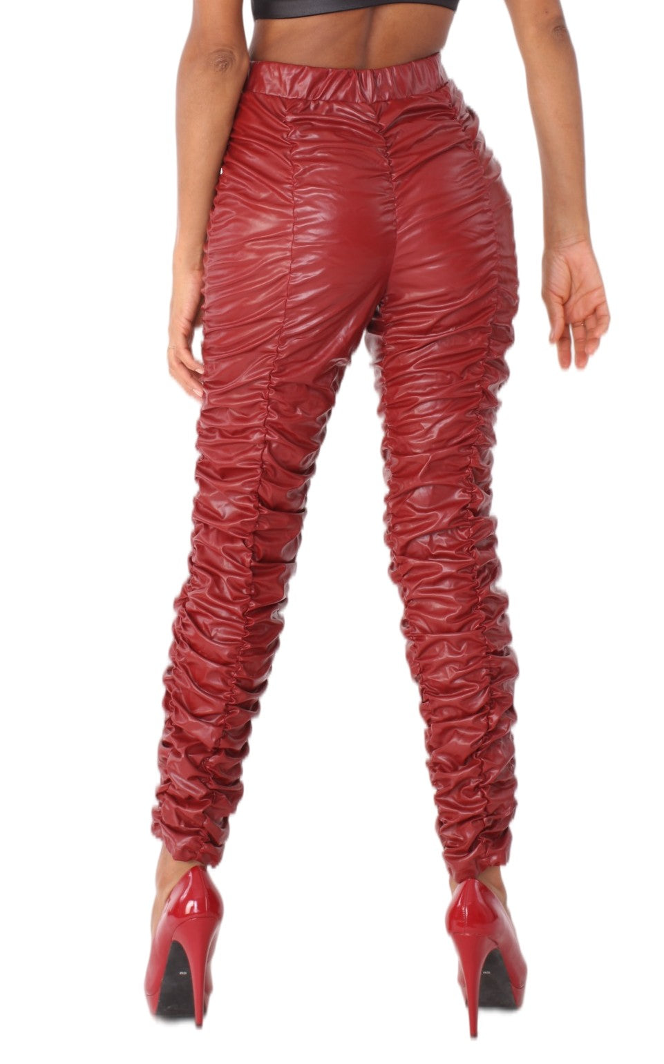 Ruched Faux Leather High-Rise Pants -81858