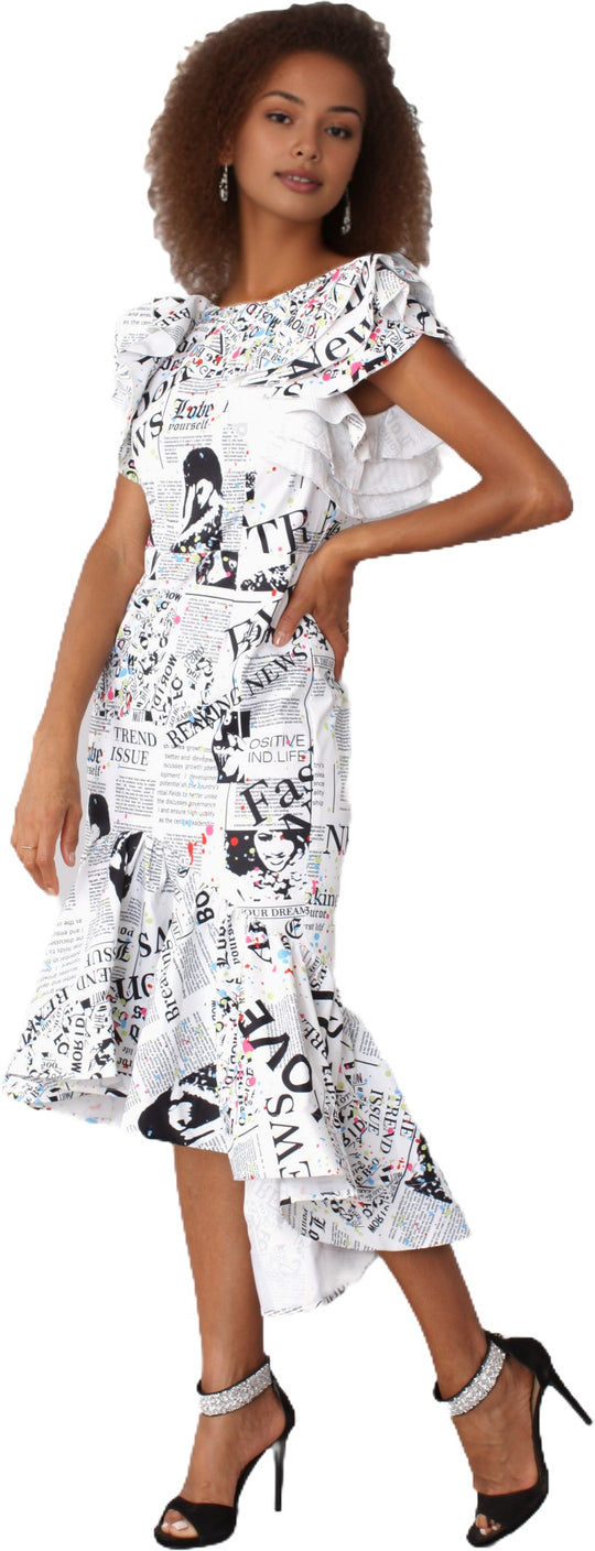 Newspaper Ruffle Midi Dress -81921