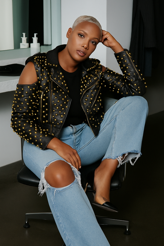 Black and gold studded pleather moto jacket with open shoulder design and edgy silhouette, front view, For Her NYC