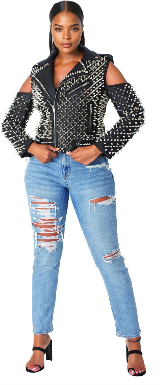 Studded Pleather Moto Jacket with Open Shoulders- 81936