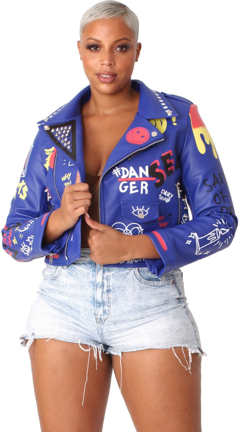 Bold Graffiti Print Moto Jacket- 81945