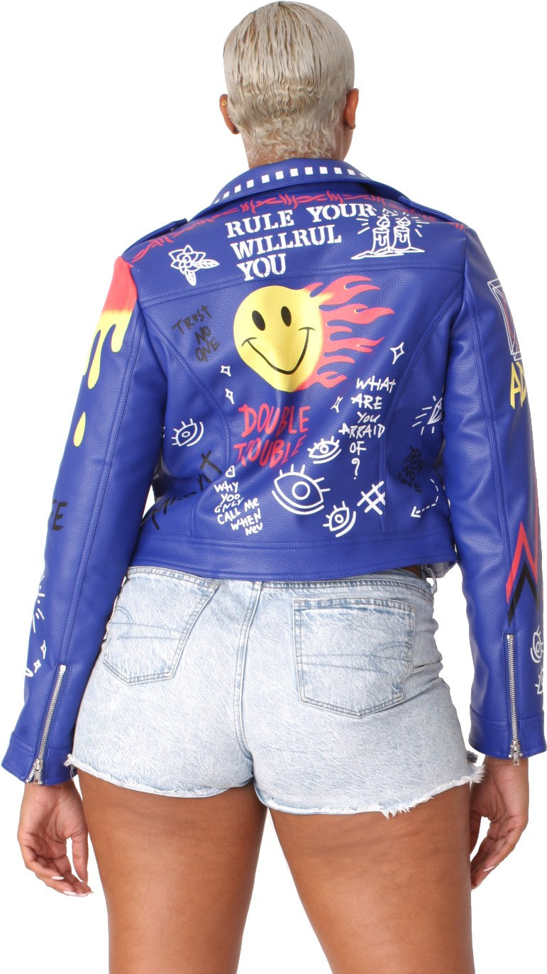 Bold Graffiti Print Moto Jacket- 81945