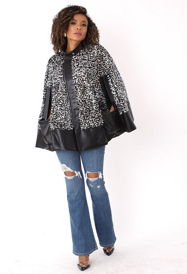 Sequin Embellished Cape with Leather Trim- 81992