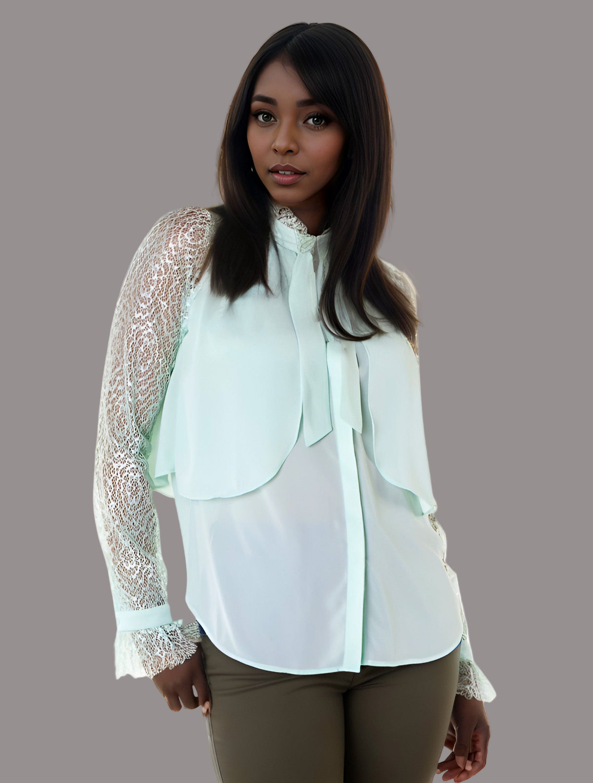 Lace Sleeve Blouse with Tie Neck -8513