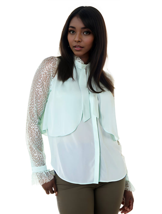 Lace Sleeve Blouse with Tie Neck -8513