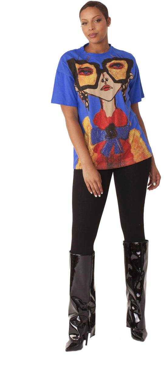 Bold Graphic Face Print Blue T-Shirt - 82004