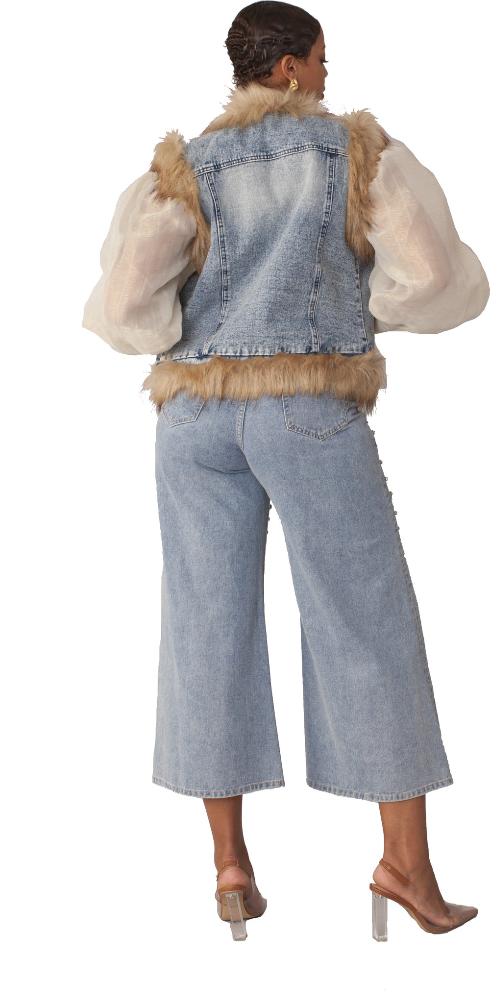 Denim Vest with Fur Trim- 82007