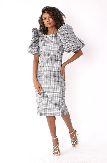 Puff Sleeve Plaid Midi Dress -82015