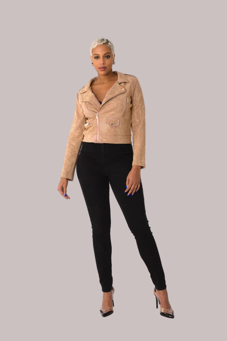 Nude faux suede moto jacket with allover diamond embellishments style 82022 shown front-facing in a standing pose for a neutral glam look by For Her NYC