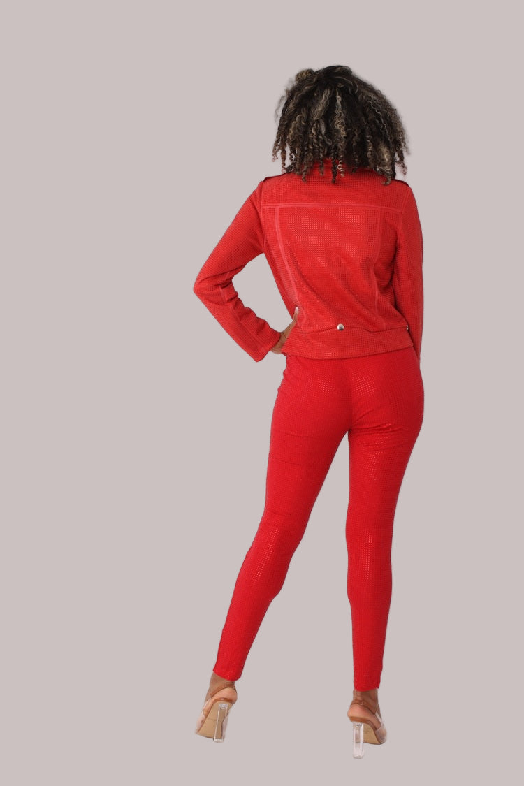 Red faux suede moto jacket with allover diamond embellishments style 82022 shown from the back in a standing pose highlighting fit and structure by For Her NYC
