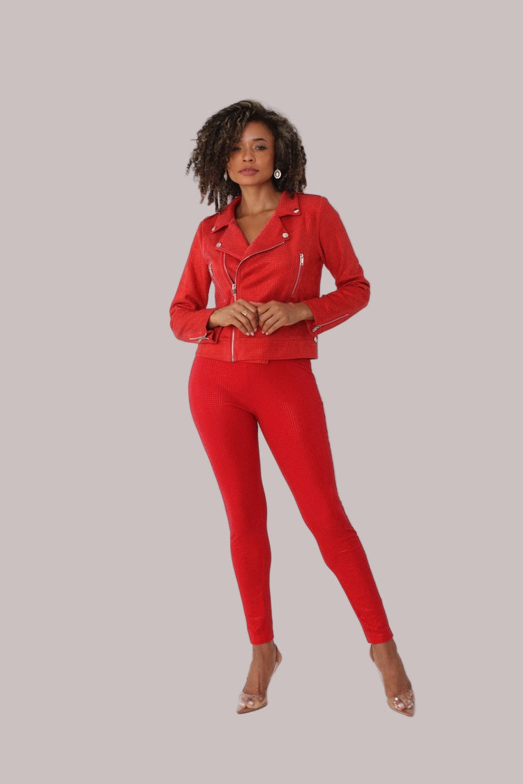 Red faux suede moto jacket with allover diamond embellishments style 82022 shown front-facing in a standing pose for a bold statement look by For Her NYC