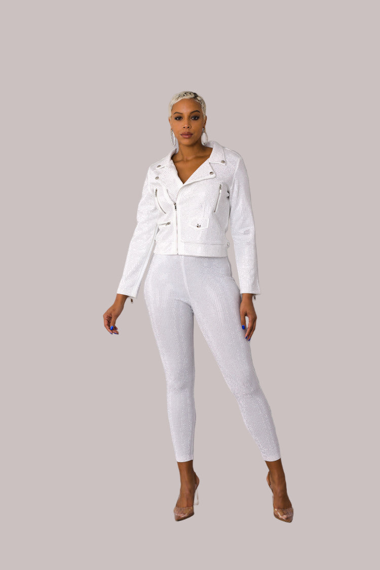 White faux suede moto jacket with allover diamond embellishments style 82022 shown front-facing in a standing pose with a sleek fitted silhouette by For Her NYC
