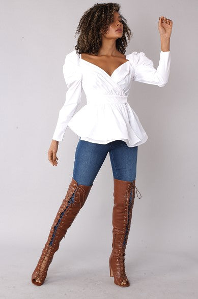 Puff Sleeve Wrap Peplum Top -82028