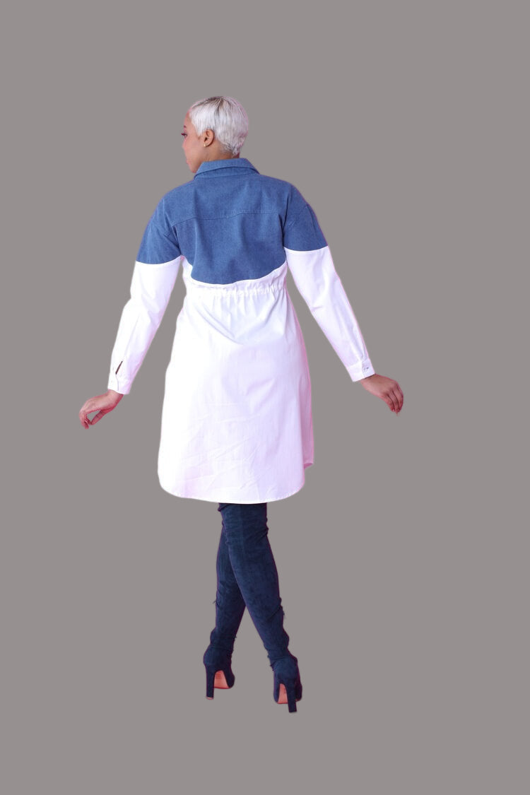 Alt text: Back view of the Denim Combo Woven Shirt Dress showing the color-block contrast and comfortable long-sleeve design – For Her NYC