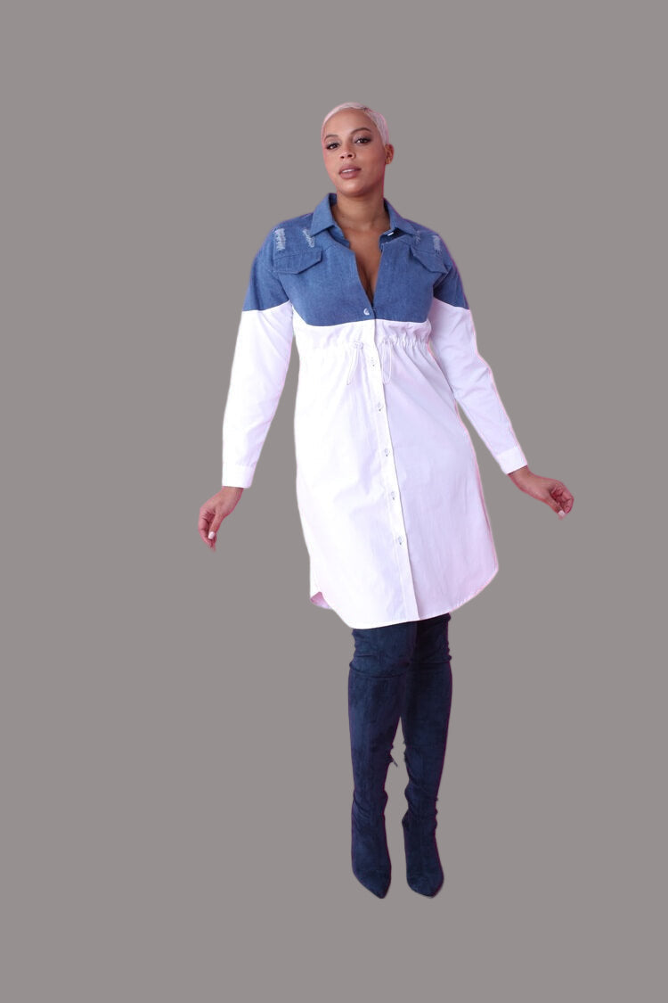 Model facing forward wearing the Denim Combo Woven Shirt Dress showing the button-down front and two-tone denim-and-woven design – For Her NYC