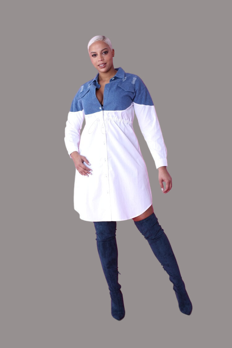 Model facing forward wearing the Denim Combo Woven Shirt Dress showing the button-down front and two-tone denim-and-woven design – For Her NYC