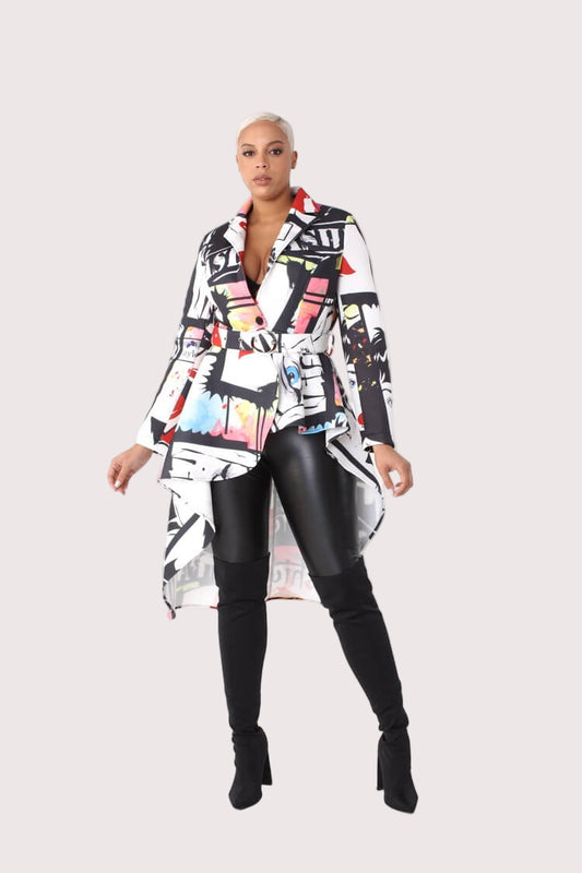 Model facing forward wearing the Abstract Print Scuba Long Jacket, showing the tailored fit, belt, and bold abstract print – For Her NYC