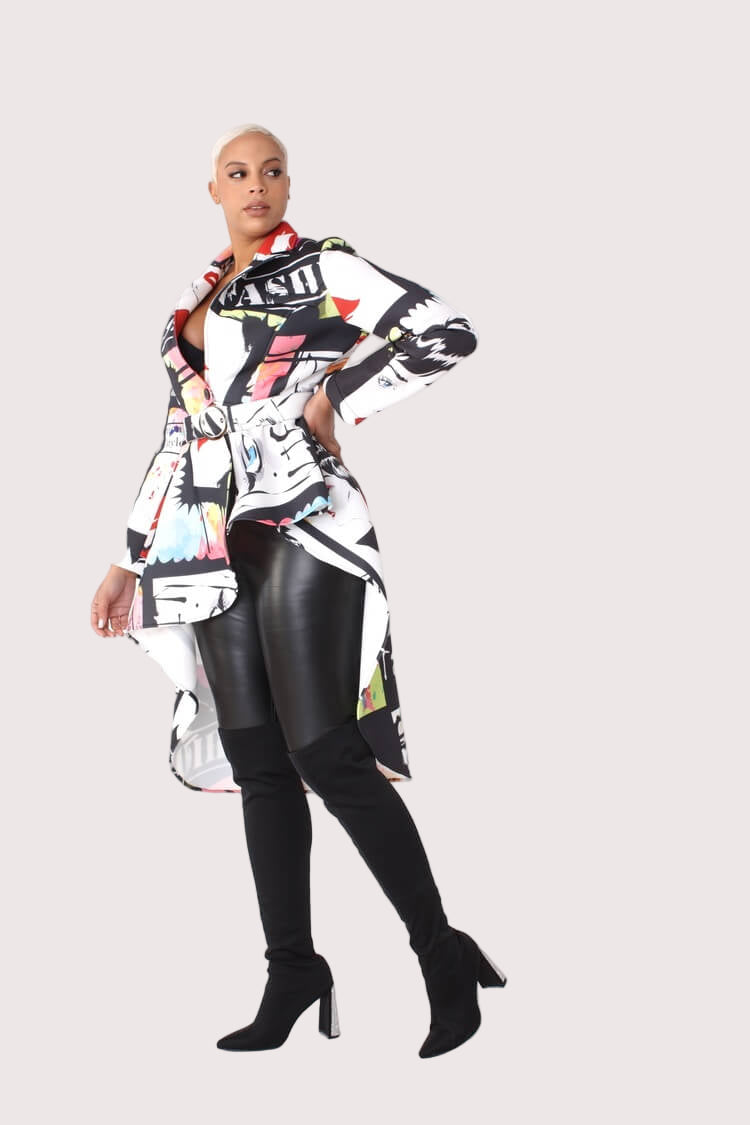Side view of model in the Abstract Print Scuba Long Jacket, highlighting the asymmetrical cut and vibrant artistic pattern – For Her NYC