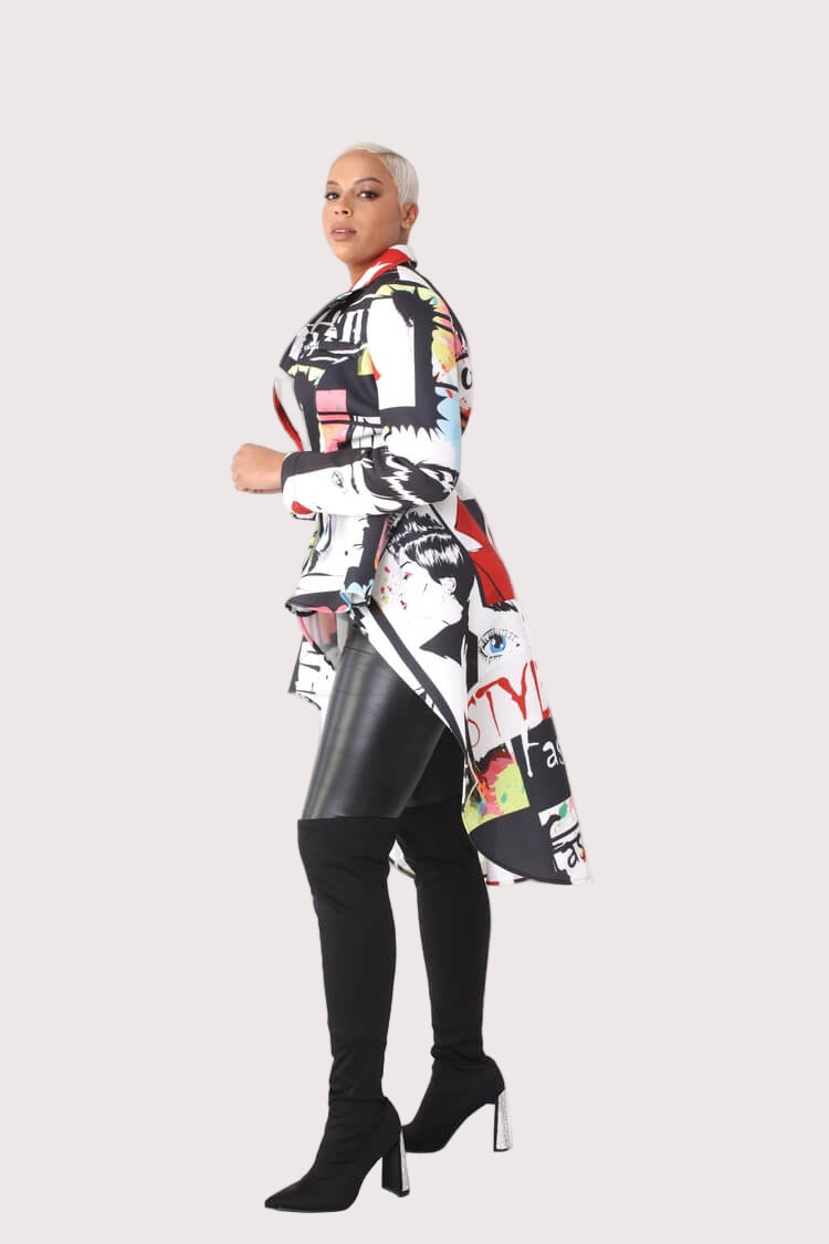 Alt text: Model turning to the side in the Abstract Print Scuba Long Jacket, showcasing the removable belt and sleek silhouette – For Her NYC
