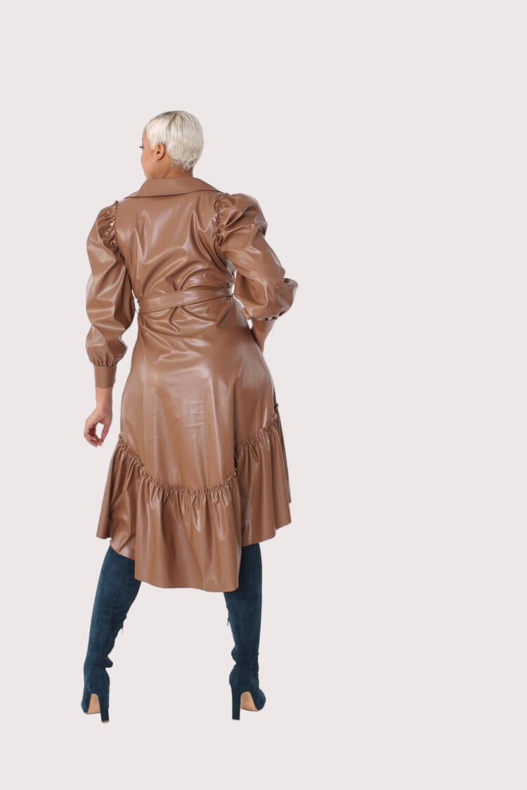 Back view of the Leather High-Low Ruffle Midi Dress showing the ruffle detail and high-low hem – For Her NYC