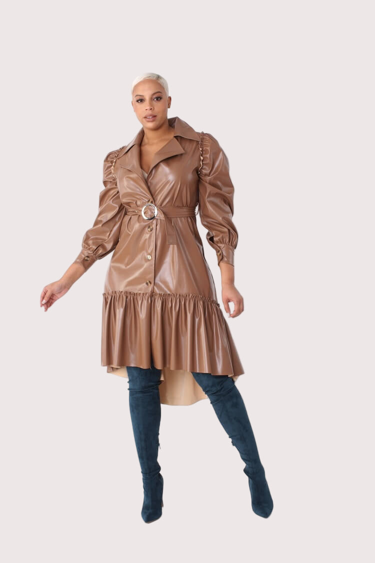 Model facing forward wearing the Leather High-Low Ruffle Midi Dress, showing full front view with belt detail and puffed sleeves – For Her NYC