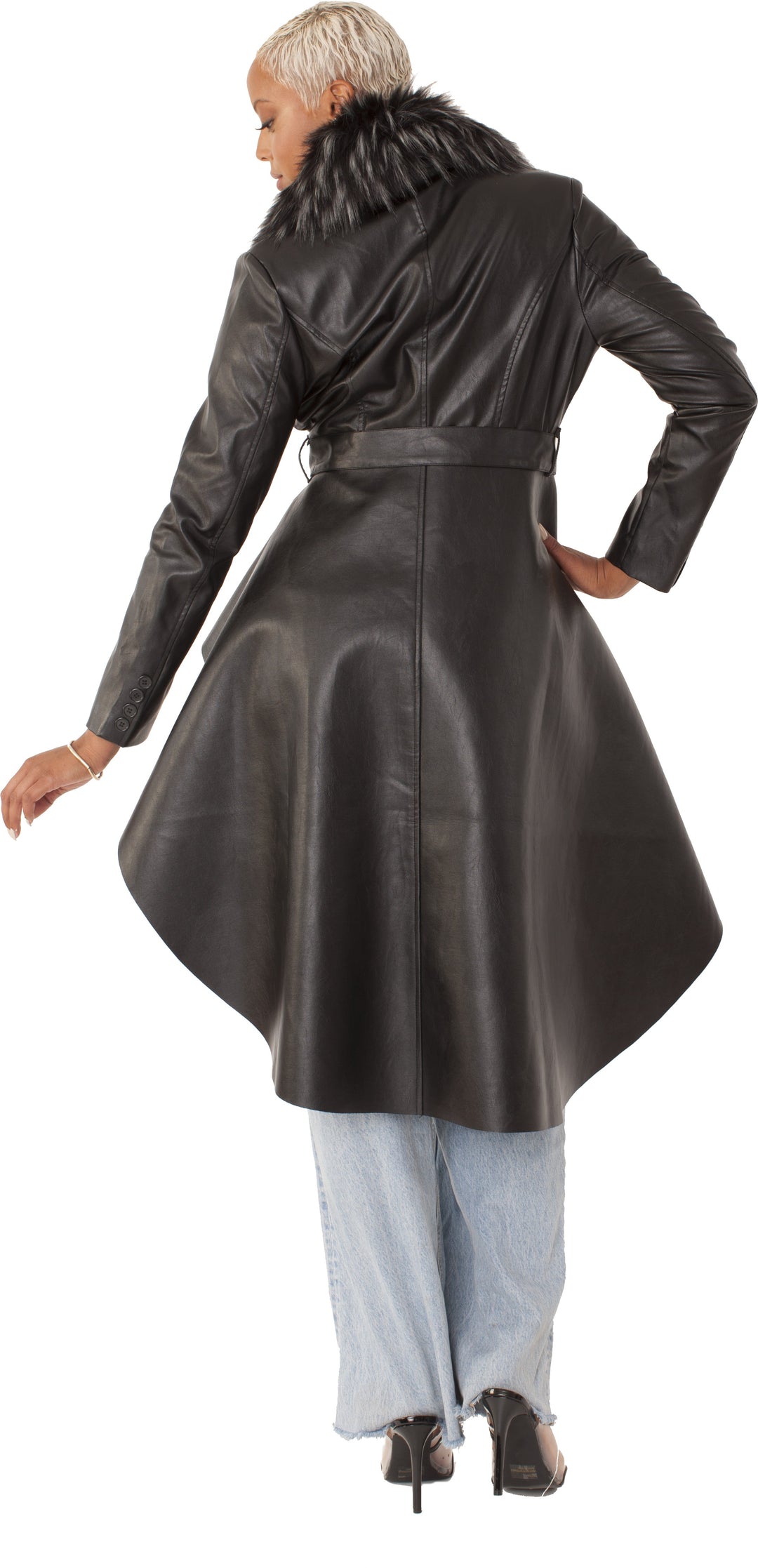 Leather Coat with Fur Collar -82054