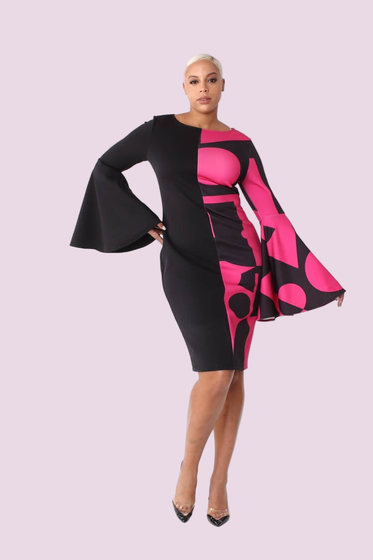Color block bell sleeve dress style 82062 in black and pink shown front-facing in a standing pose highlighting the bold color block design by For Her NYC