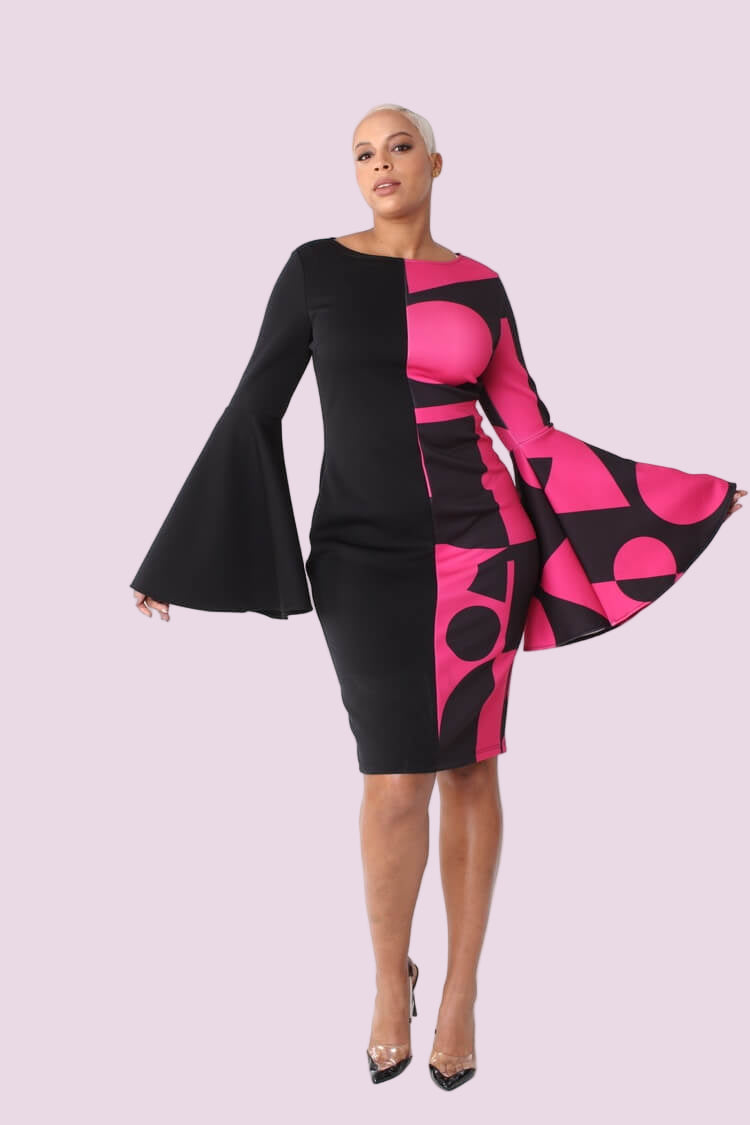Color block bell sleeve dress style 82062 in black and pink shown with arm movement highlighting the dramatic bell sleeves and print contrast by For Her NYC