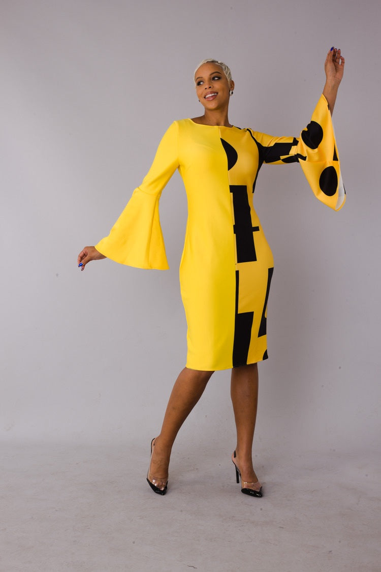 Color block bell sleeve dress style 82062 in yellow and black shown with arm movement highlighting the flared bell sleeves and color blocking by For Her NYC
