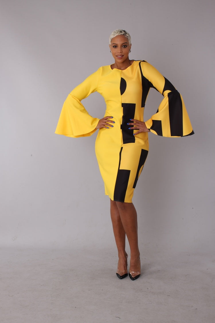 Color block bell sleeve dress style 82062 in yellow and black shown with arm movement highlighting the flared bell sleeves and color blocking by For Her NYC