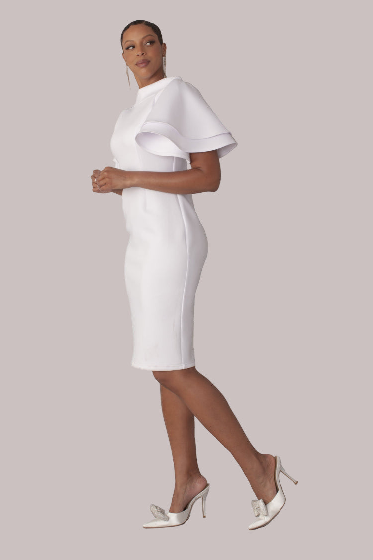 Angled pose of white tiered bell-sleeve midi dress — For Her NYC