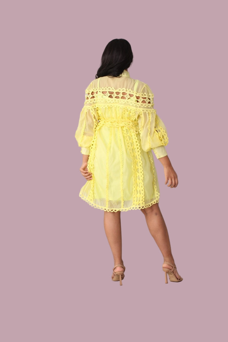 Back angle showing lace detailing and flowy shape of yellow dress.