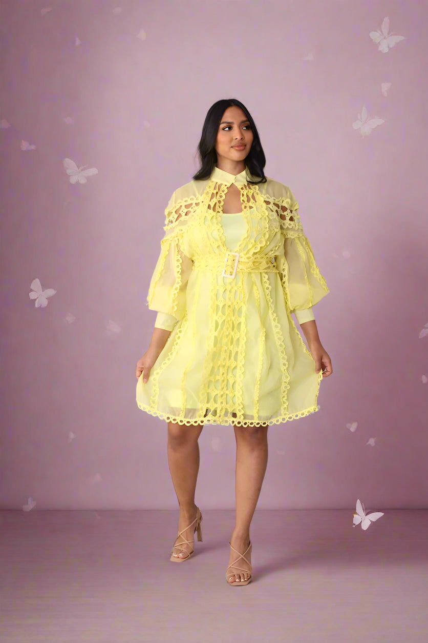 Studio shot of yellow lace trim dress styled with matching belt.