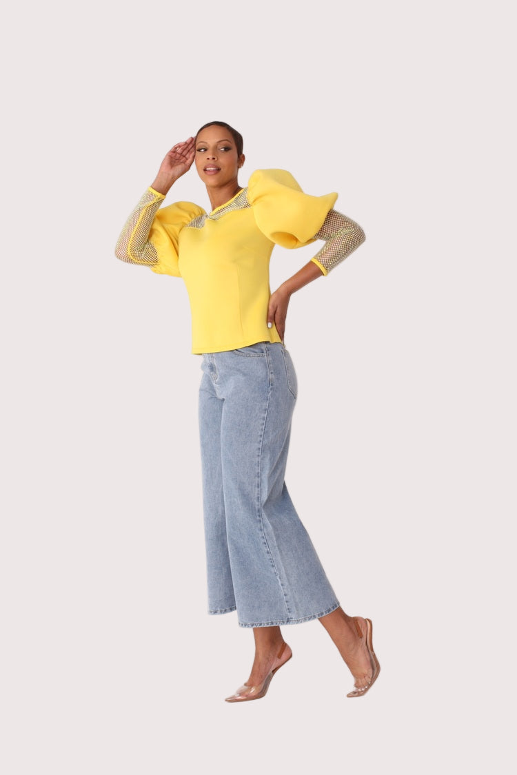 Rhinestone mesh yoke puff sleeve top style 82233 in lemon shown front-facing in a standing pose highlighting the sheer yoke and puff sleeve detail by For Her NYC