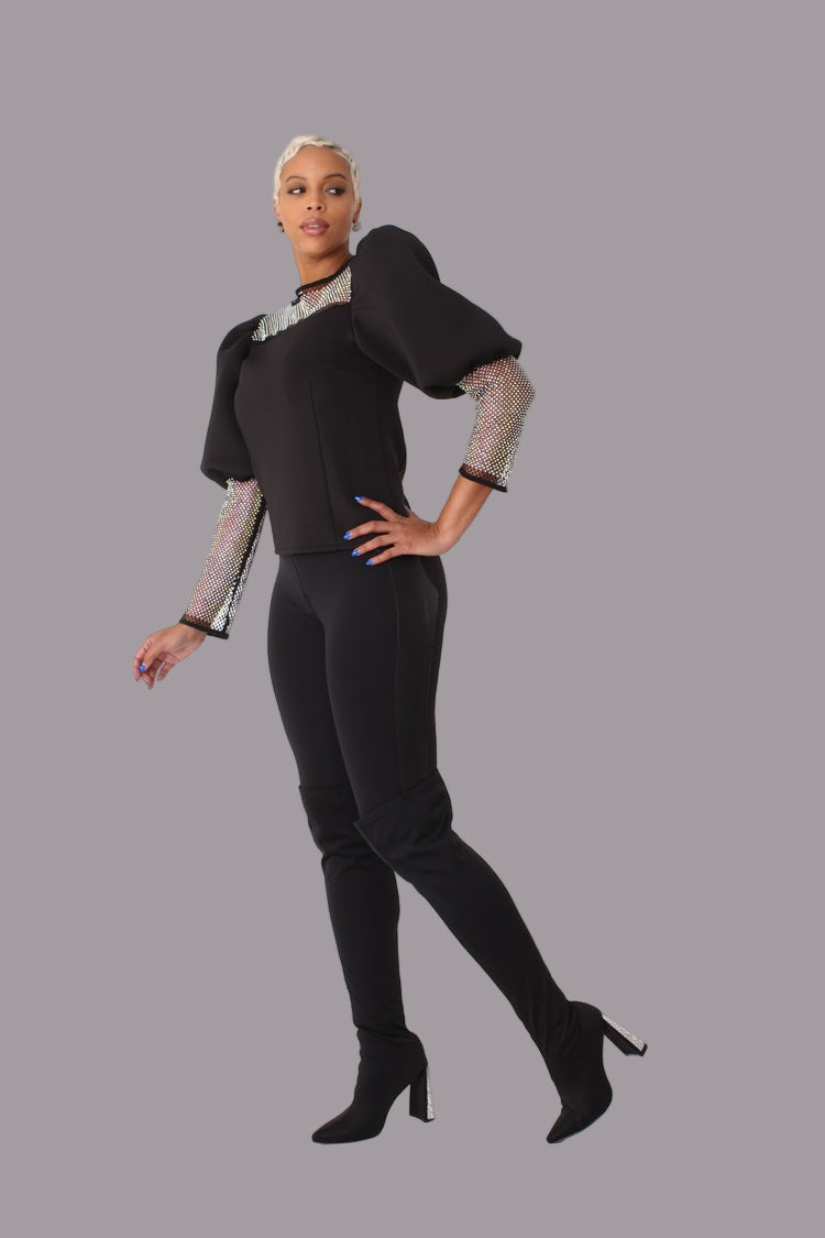 Rhinestone mesh yoke puff sleeve top style 82233 in black shown front-facing in a standing pose highlighting the sheer yoke and puff sleeve detail by For Her NYC