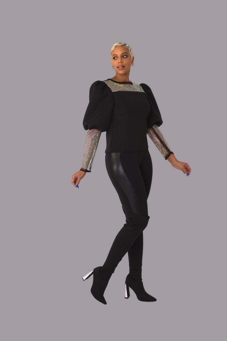 Rhinestone mesh yoke puff sleeve top style 82233 in black shown front-facing in a standing pose highlighting the sheer yoke and puff sleeve detail by For Her NYC