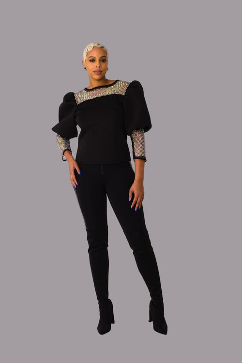 Rhinestone Mesh Yoke Puff Sleeve Top – Elegant Evening Blouse - 82233