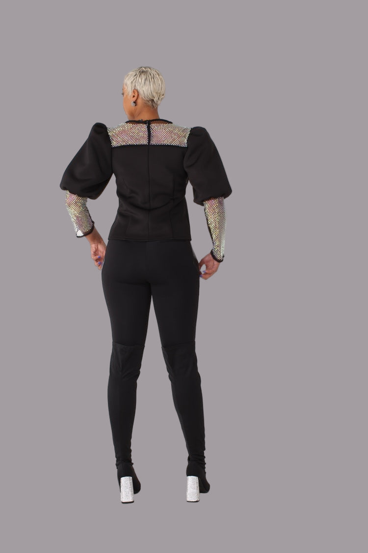 Rhinestone mesh yoke puff sleeve top style 82233 in black shown in a full-body standing pose emphasizing the elegant silhouette and sleeve shape by For Her NYC