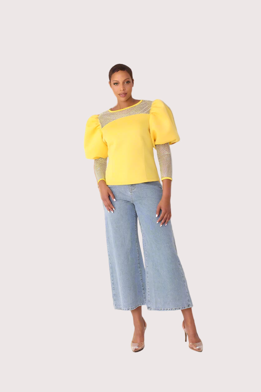 Rhinestone mesh yoke puff sleeve top style 82233 in lemon shown in a full-body standing pose emphasizing the elegant silhouette and sleeve shape by For Her NYC