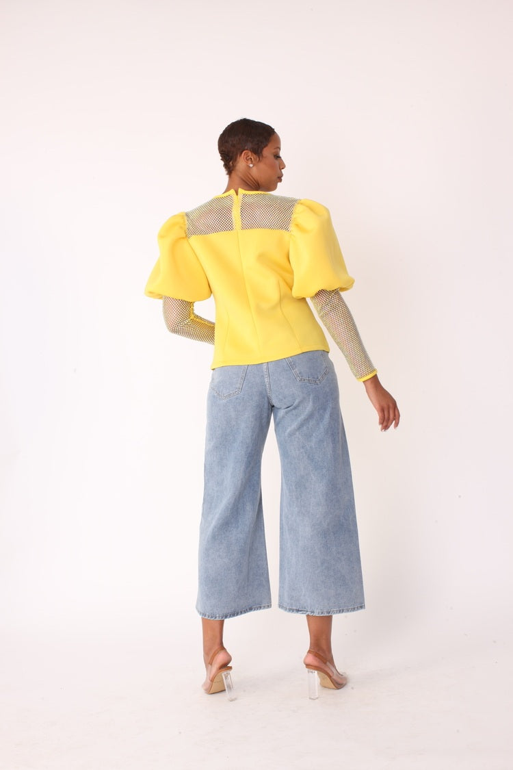 Rhinestone mesh yoke puff sleeve top style 82233 in lemon shown front-facing in a standing pose highlighting the bright color and puff sleeves by For Her NYC