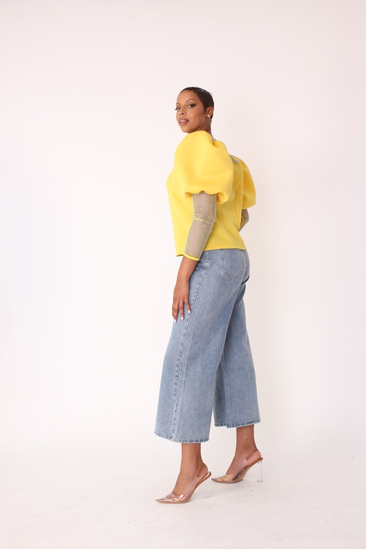 Rhinestone mesh yoke puff sleeve top style 82233 in lemon shown in a full-body standing pose emphasizing the vibrant hue and silhouette by For Her NYC